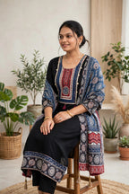 Premium Black Russian Crepe Ajrak Print Kurta Set with Embellished Yoke & Ajrak Dupatta