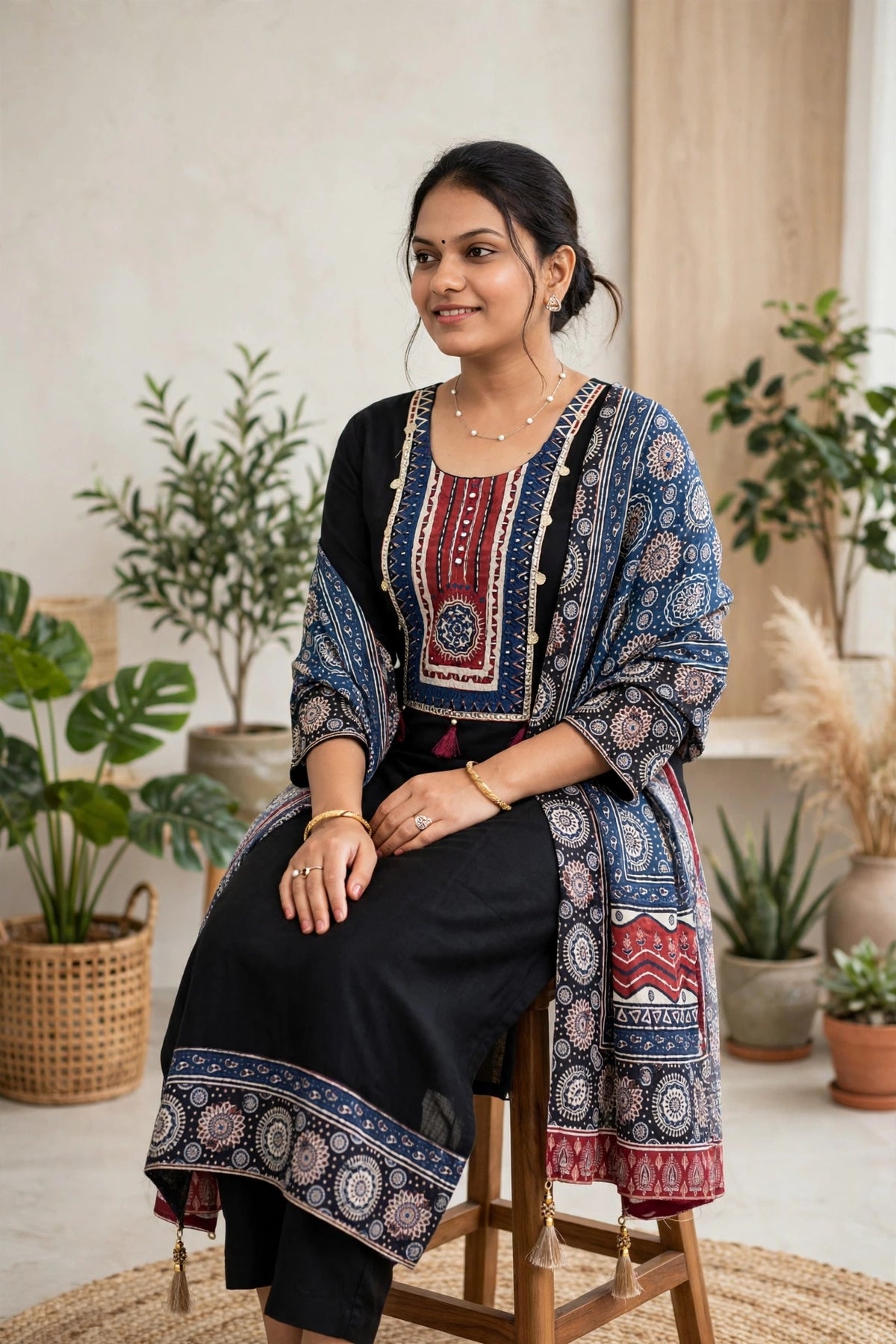 Premium Black Russian Crepe Ajrak Print Kurta Set with Embellished Yoke & Ajrak Dupatta