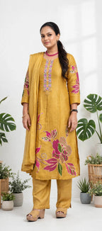 Mustard Yellow Jacquard Silk Kurta Set with Floral Weaving, Embellished Yoke & Organza Dupatta