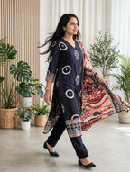 Premium Black Crepe Kurta Pant Dupatta Set with Kalamkari Print and Sequin Detailing