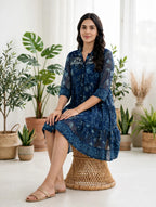 Navy Blue Floral Print Tiered Dress – Embroidered Yoke with Front Buttons