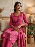 Rani Pink Pure Cotton Bandhani Print Kurta Pant Dupatta Set
