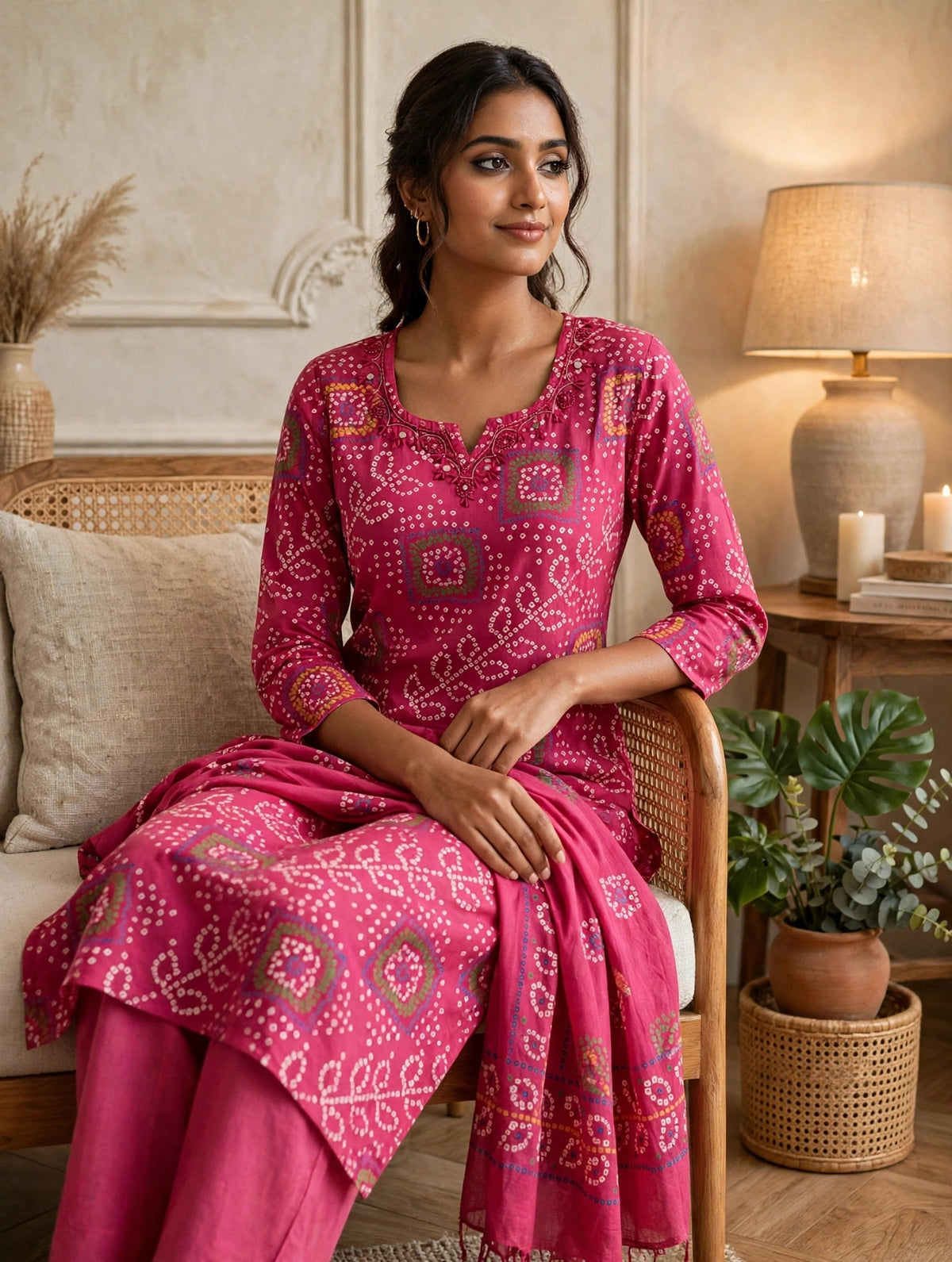 Rani Pink Pure Cotton Bandhani Print Kurta Pant Dupatta Set
