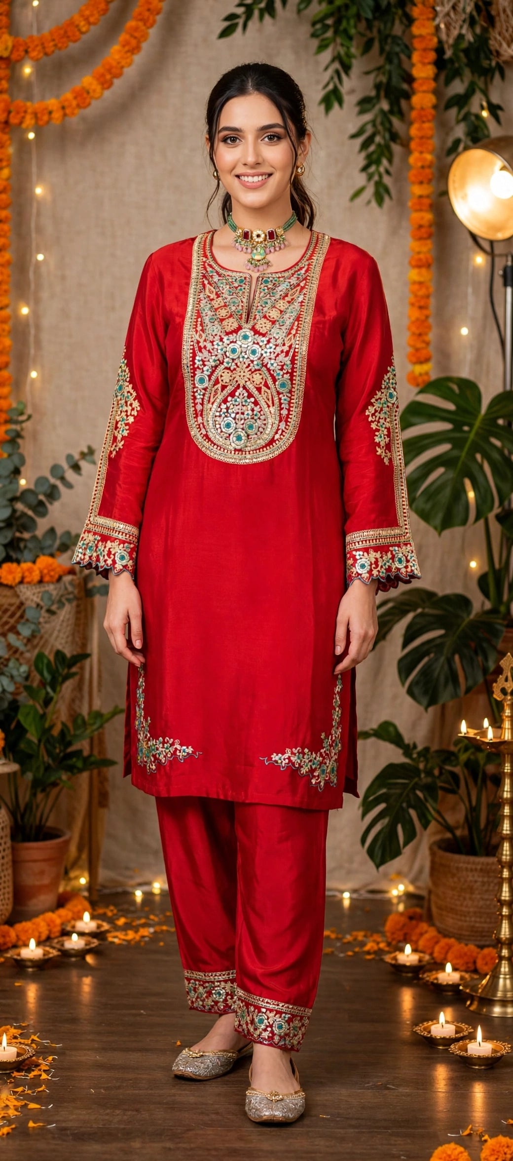 Rust Embroidered Premium Crepe Festive Co-ord Set – Kurta with Embroidered Hem Pants (Set of 2)