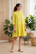Lime Yellow Premium Cotton Tiered Dress – Lace Insert Yoke with Front Buttons