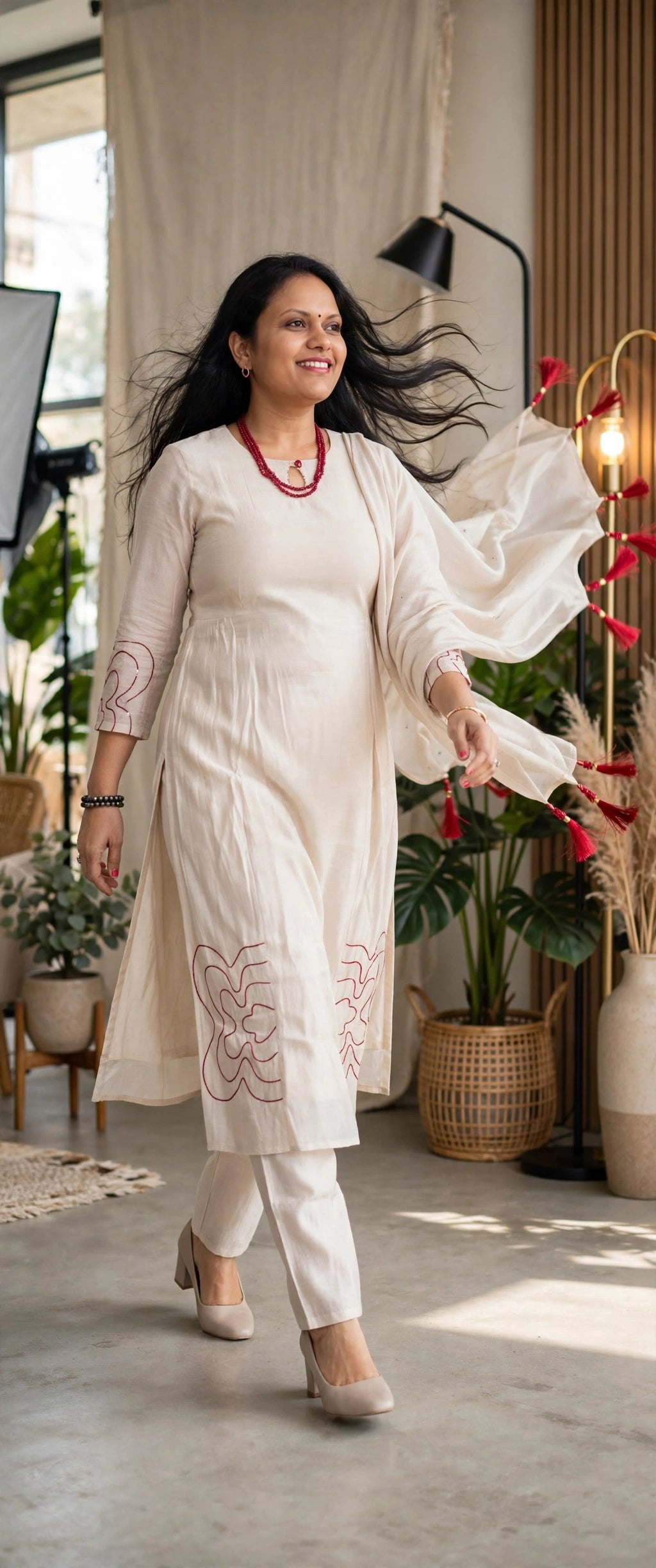 Ivory Chanderi Cotton Kurta Set with Maroon Contour Line Embroidery & Tasselled Dupatta