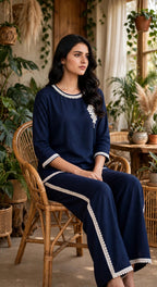 Navy Blue Linen Cotton Co-ord Set – Lace Trim Top with Wide Leg Pants (Set of 2)
