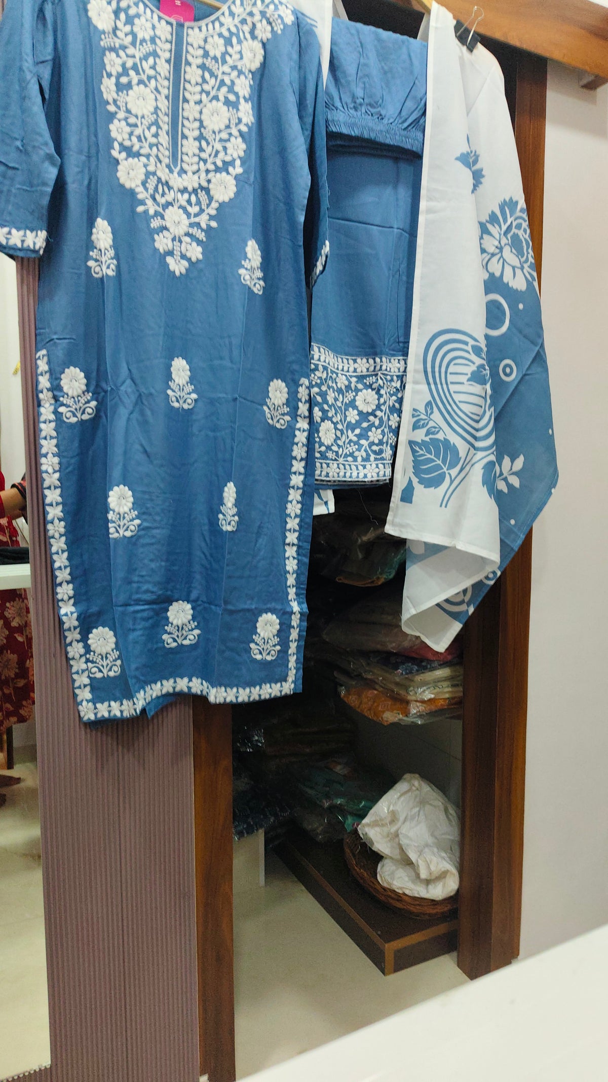 Sky Blue Thread Embroidered Suit Set with Printed Dupatta (Set of 3)
