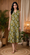 Olive Green Floral Print Rayon Cotton Midi Dress – Sleeveless A-Line Dress with Lapel Collar