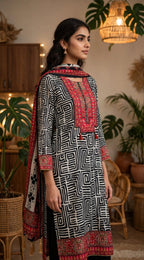 Black & White Geometric Print Plus Size Crepe Suit Set with Dupatta – Cotton Lined (Set of 3)