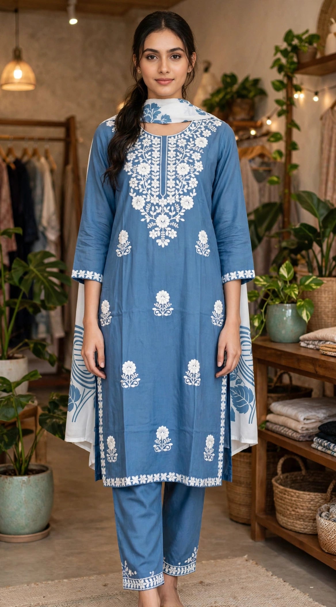 Sky Blue Thread Embroidered Suit Set with Printed Dupatta (Set of 3)