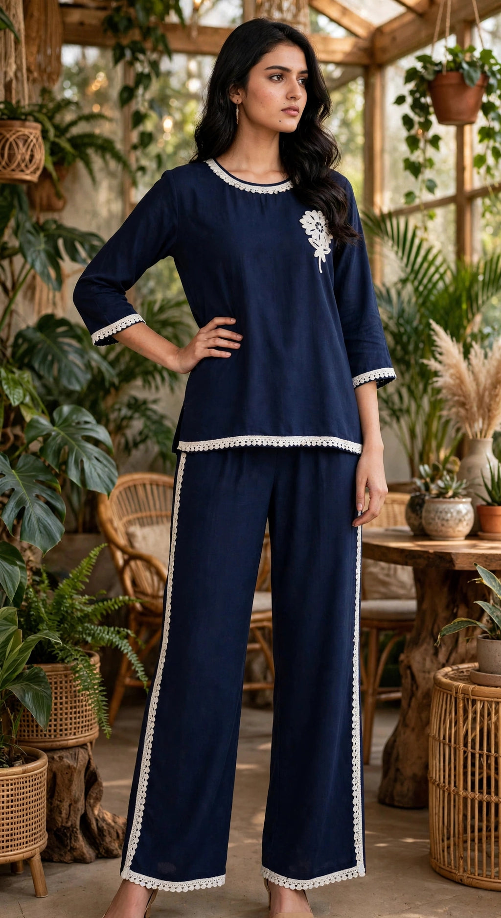 Navy Blue Linen Cotton Co-ord Set – Lace Trim Top with Wide Leg Pants (Set of 2)