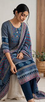 Dark Blue Ikat Print Suit Set with Dupatta – Cotton Lined (Set of 3)