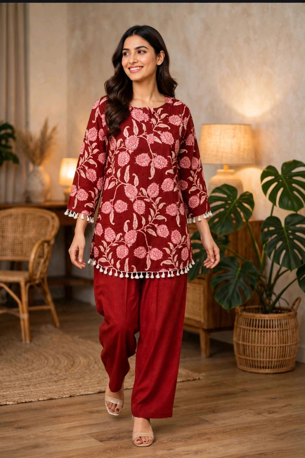 Maroon Floral Print Pure Cotton Co-ord Set – Tassel Trim Kurta with Straight Pants (Set of 2)