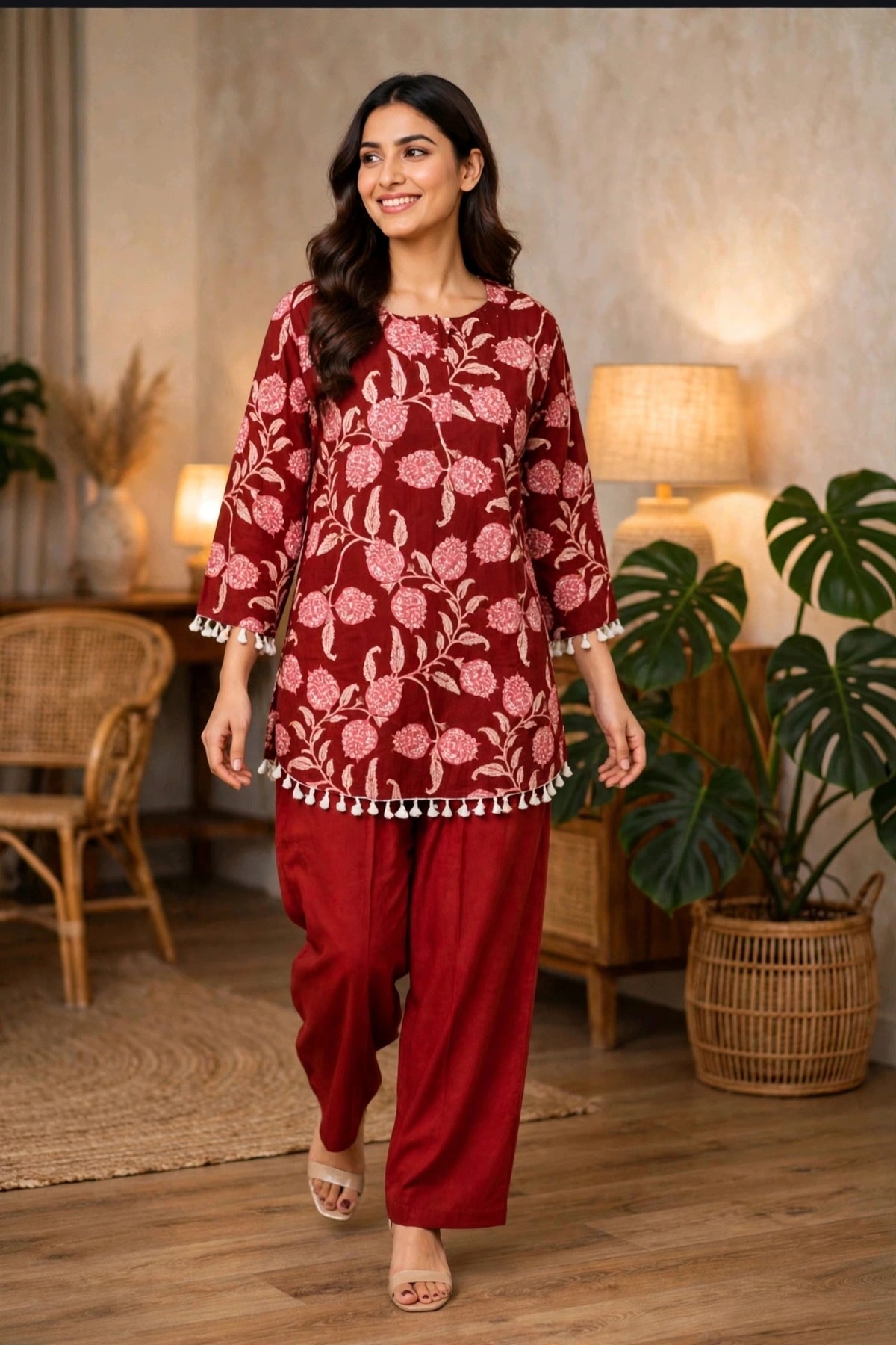 Maroon Floral Print Pure Cotton Co-ord Set – Tassel Trim Kurta with Straight Pants (Set of 2)