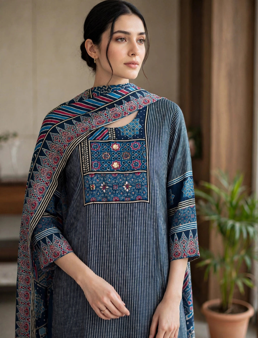 Dark Blue Ikat Print Suit Set with Dupatta – Cotton Lined (Set of 3)