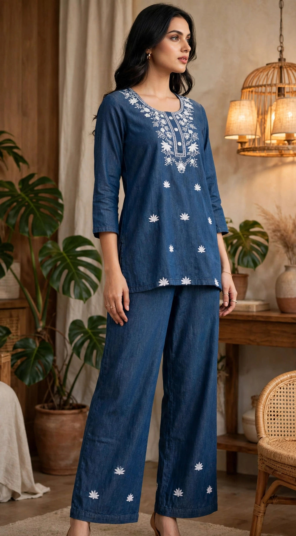 Denim Blue Embroidered Linen Cotton Co-ord Set – Kurta Top with Wide Leg Pants (Set of 2)