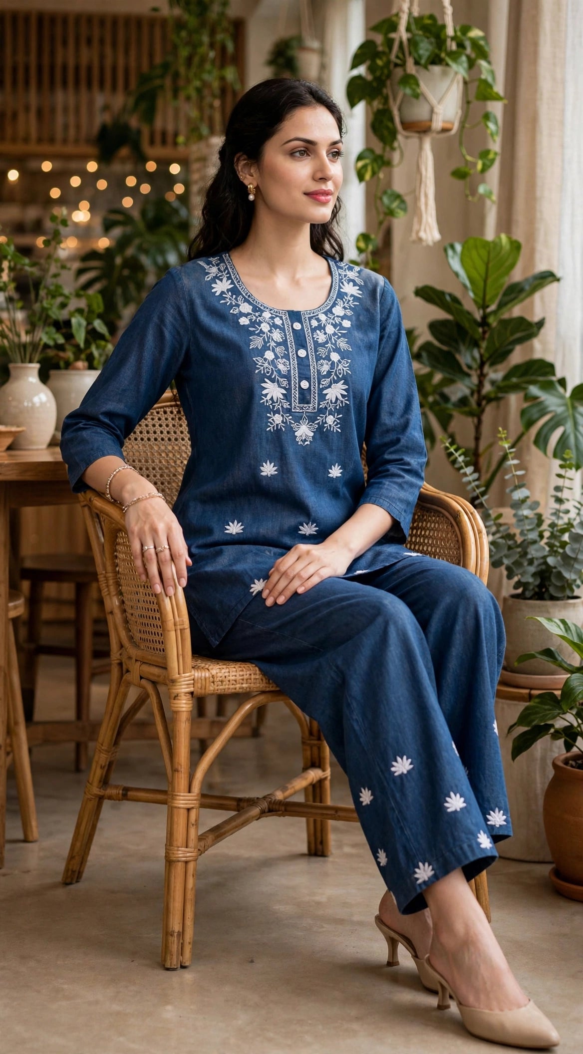 Denim Blue Embroidered Linen Cotton Co-ord Set – Kurta Top with Wide Leg Pants (Set of 2)
