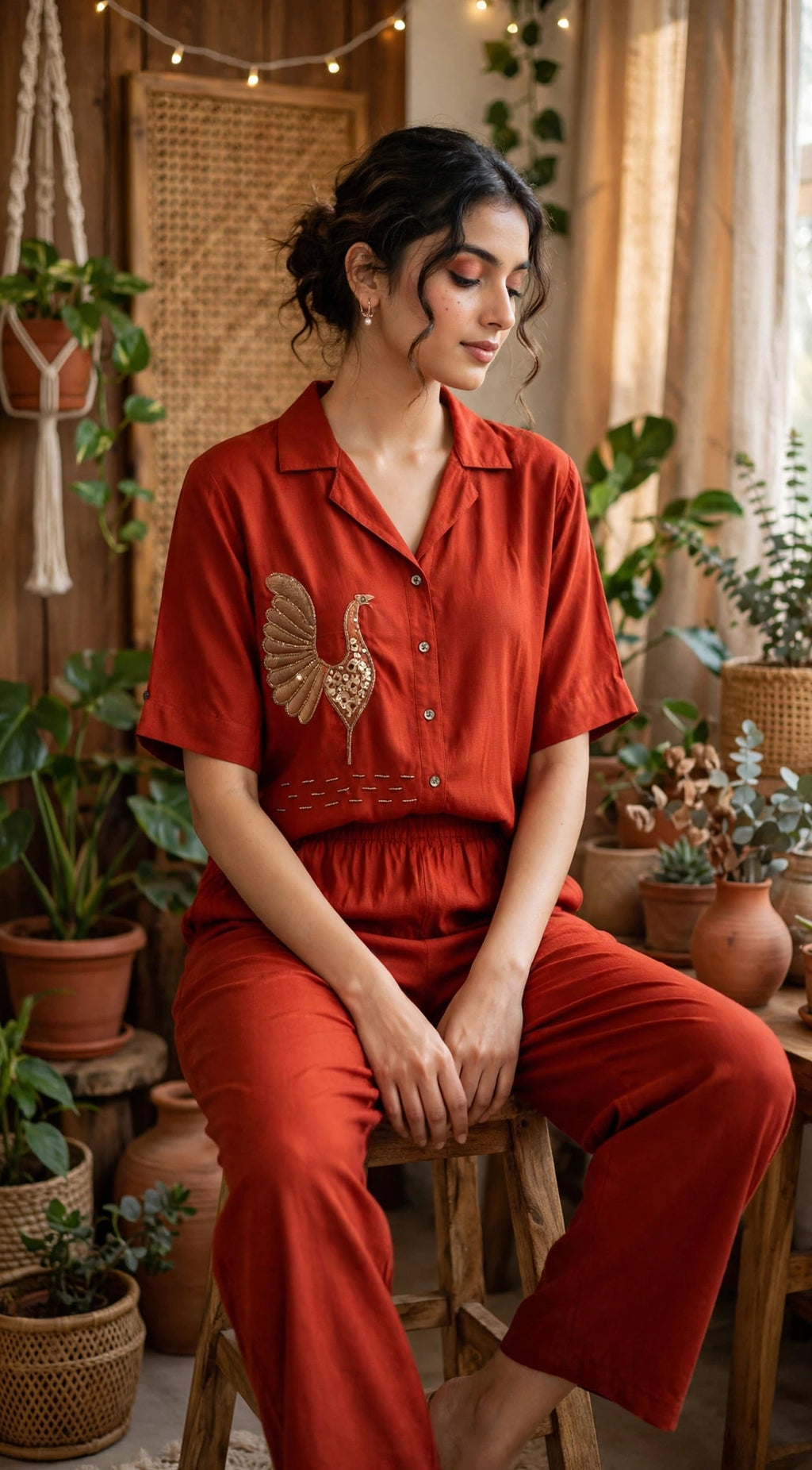 Rust Embroidered Co-ord Set – Shirt with Bird Motif Detailing and Straight Fit Pants (Set of 2)