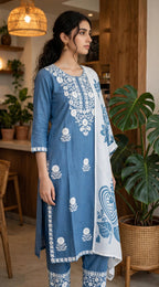 Sky Blue Thread Embroidered Suit Set with Printed Dupatta (Set of 3)