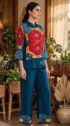Teal Blue & Red Printed Pure Crepe Co-ord Set – Shirt-Style Top with Straight Pants (Set of 2)