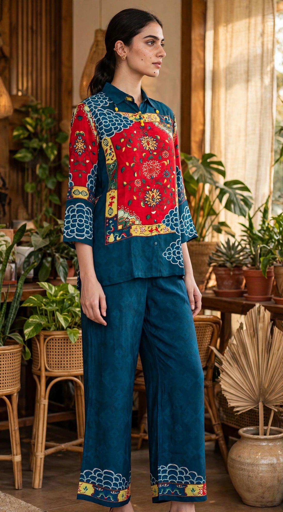 Teal Blue & Red Printed Pure Crepe Co-ord Set – Shirt-Style Top with Straight Pants (Set of 2)