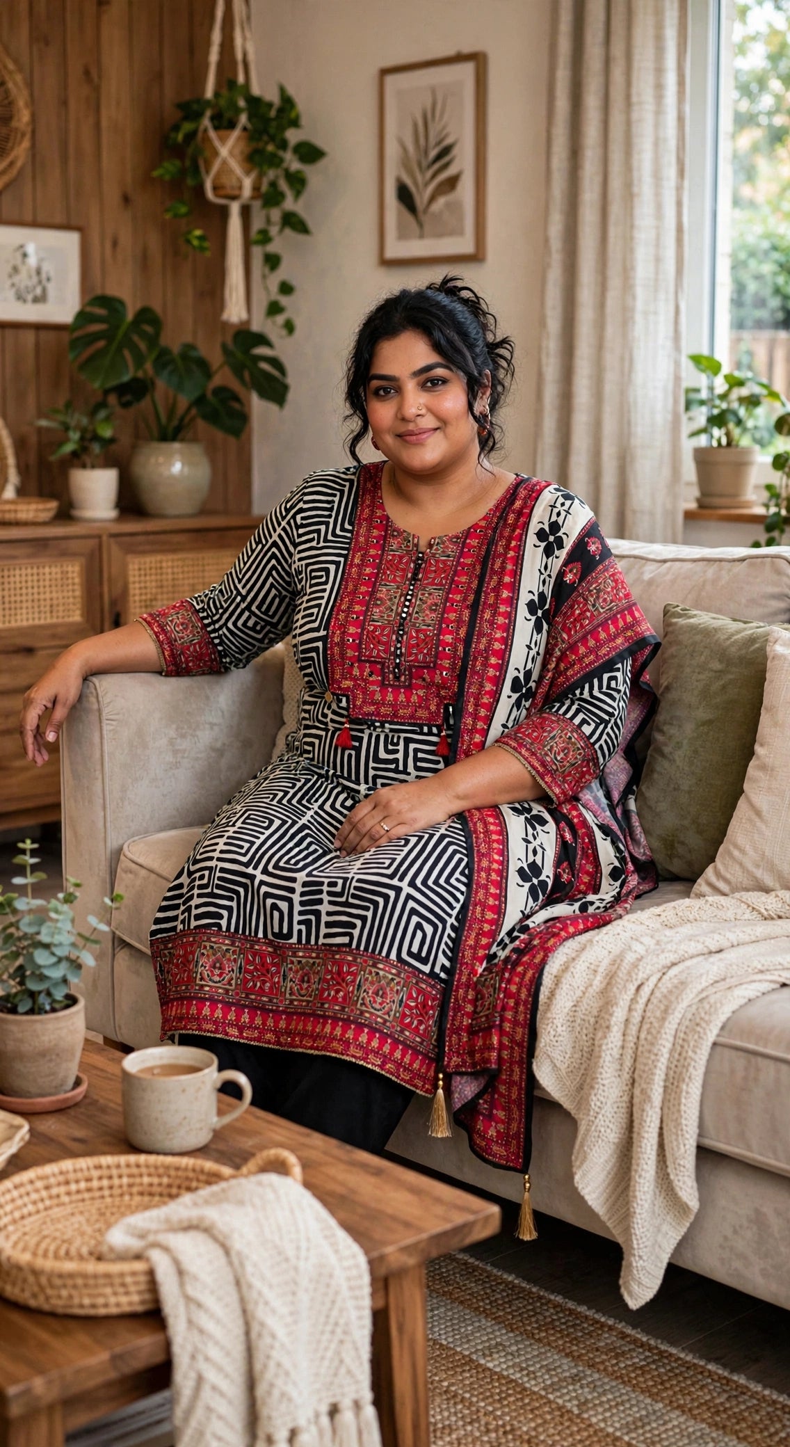 Black & White Geometric Print Plus Size Crepe Suit Set with Dupatta – Cotton Lined (Set of 3)