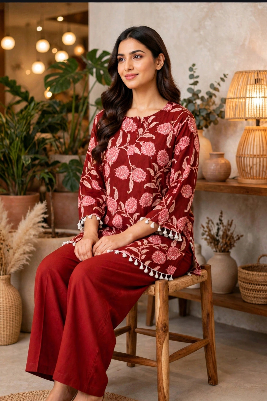 Maroon Floral Print Pure Cotton Co-ord Set – Tassel Trim Kurta with Straight Pants (Set of 2)