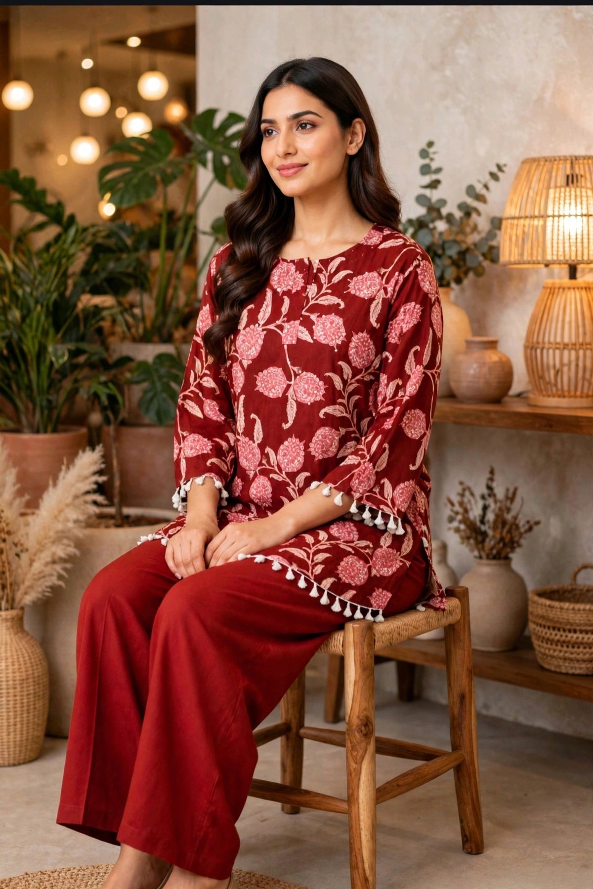 Maroon Floral Print Pure Cotton Co-ord Set – Tassel Trim Kurta with Straight Pants (Set of 2)