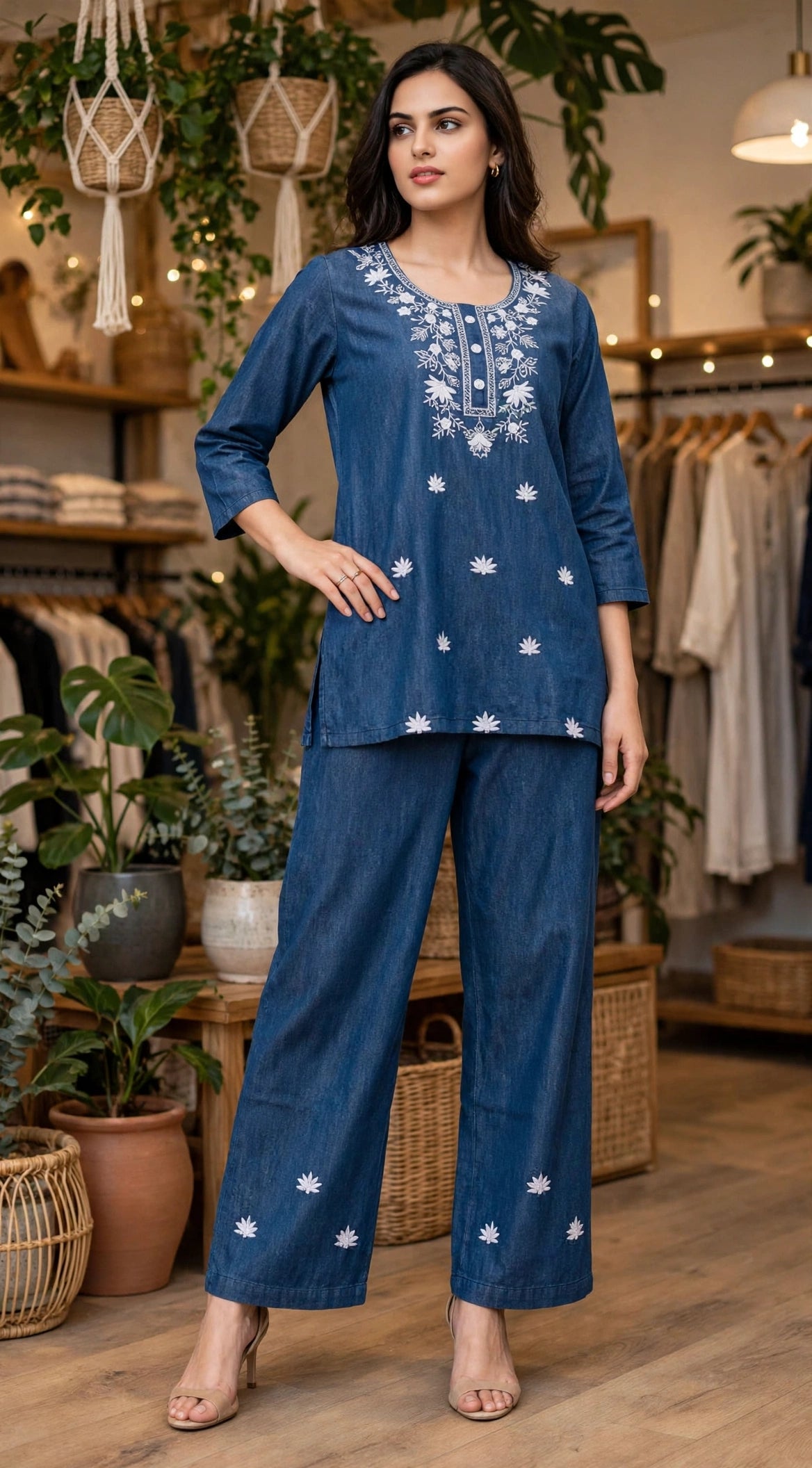 Denim Blue Embroidered Linen Cotton Co-ord Set – Kurta Top with Wide Leg Pants (Set of 2)