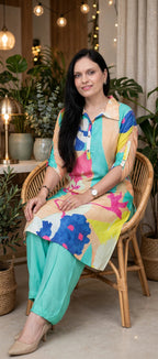 Sea Green Abstract Print Crepe Co-ord Set – Shirt-Collar Kurta with Afghani Pants (Set of 2)