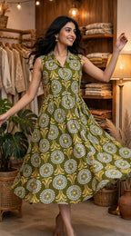 Olive Green Floral Print Rayon Cotton Midi Dress – Sleeveless A-Line Dress with Lapel Collar