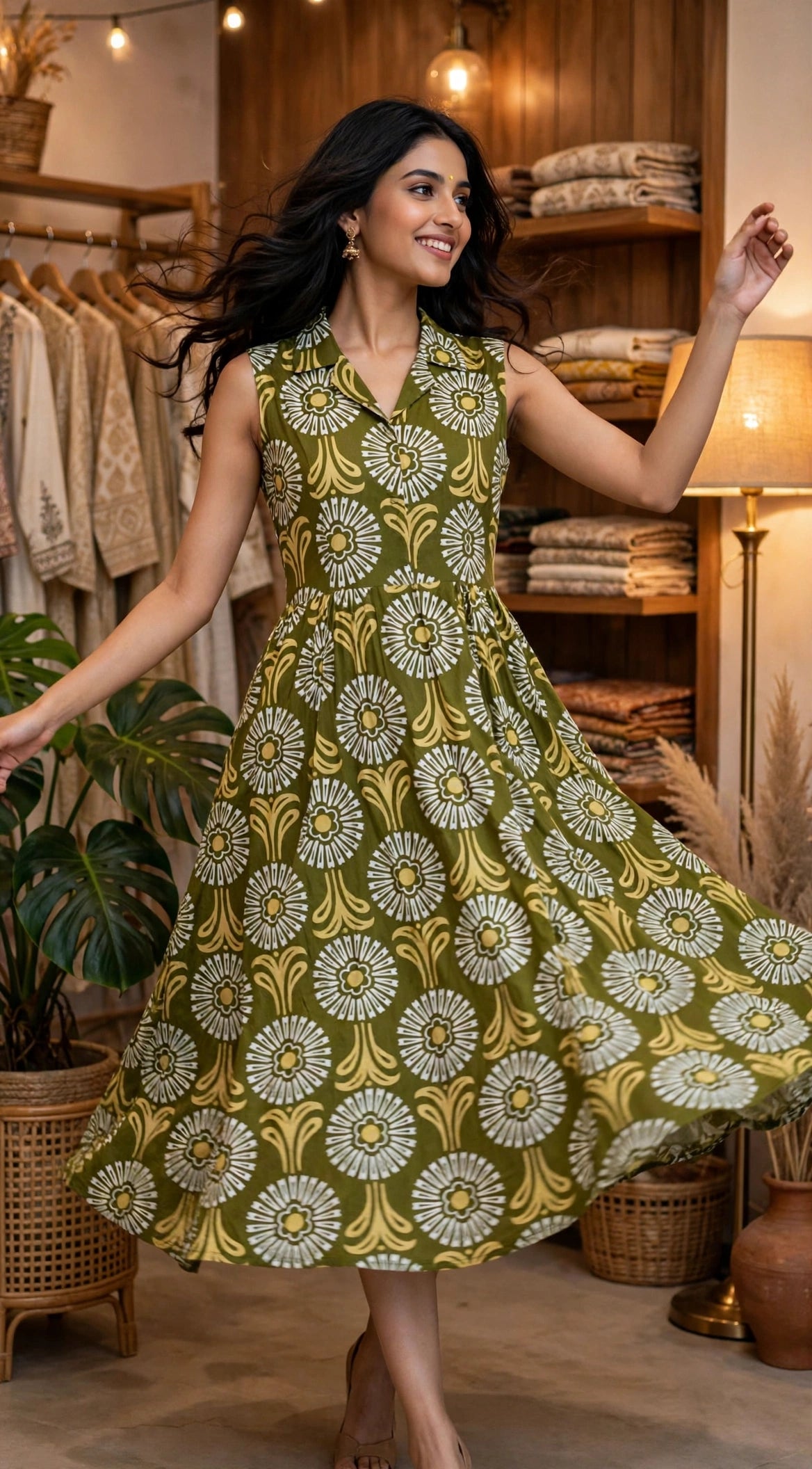 Olive Green Floral Print Rayon Cotton Midi Dress – Sleeveless A-Line Dress with Lapel Collar