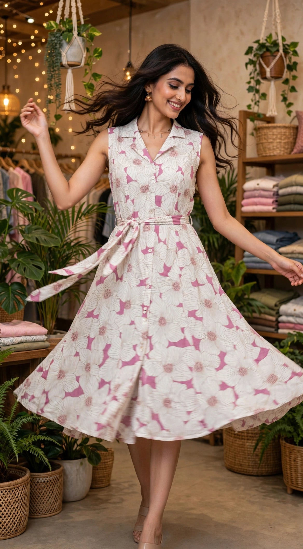 White & Pink Floral Print Rayon Cotton Midi Dress – Sleeveless Belted Dress with Lapel Collar