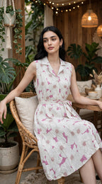 White & Pink Floral Print Rayon Cotton Midi Dress – Sleeveless Belted Dress with Lapel Collar