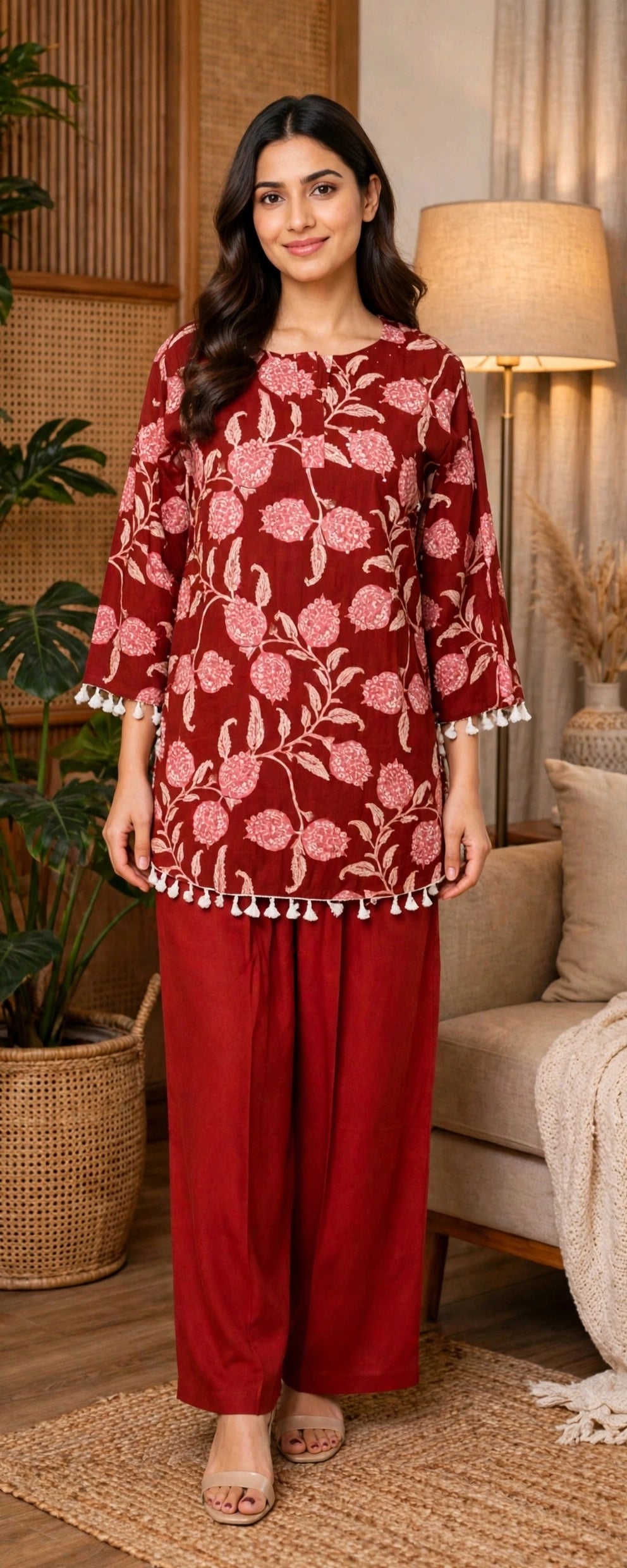 Maroon Floral Print Pure Cotton Co-ord Set – Tassel Trim Kurta with Straight Pants (Set of 2)