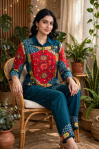 Teal Blue & Red Printed Pure Crepe Co-ord Set – Shirt-Style Top with Straight Pants (Set of 2)