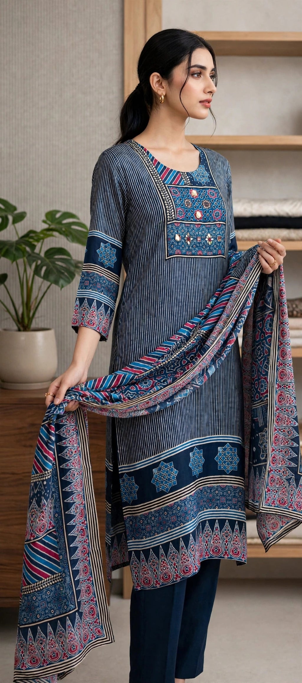 Dark Blue Ikat Print Suit Set with Dupatta – Cotton Lined (Set of 3)