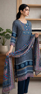 Dark Blue Ikat Print Suit Set with Dupatta – Cotton Lined (Set of 3)