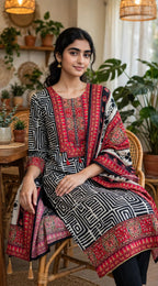 Black & White Geometric Print Plus Size Crepe Suit Set with Dupatta – Cotton Lined (Set of 3)