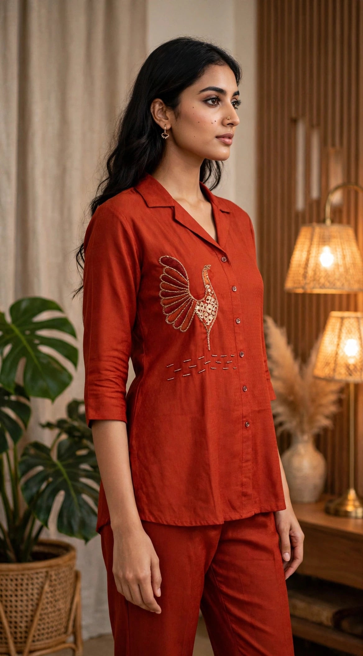 Rust Embroidered Co-ord Set – Shirt with Bird Motif Detailing and Straight Fit Pants (Set of 2)