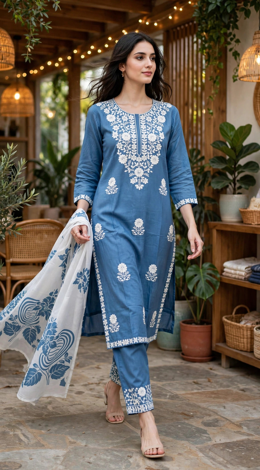 Sky Blue Thread Embroidered Suit Set with Printed Dupatta (Set of 3)