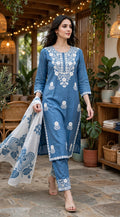 Sky Blue Thread Embroidered Suit Set with Printed Dupatta (Set of 3)