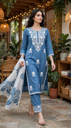 Sky Blue Thread Embroidered Suit Set with Printed Dupatta (Set of 3)