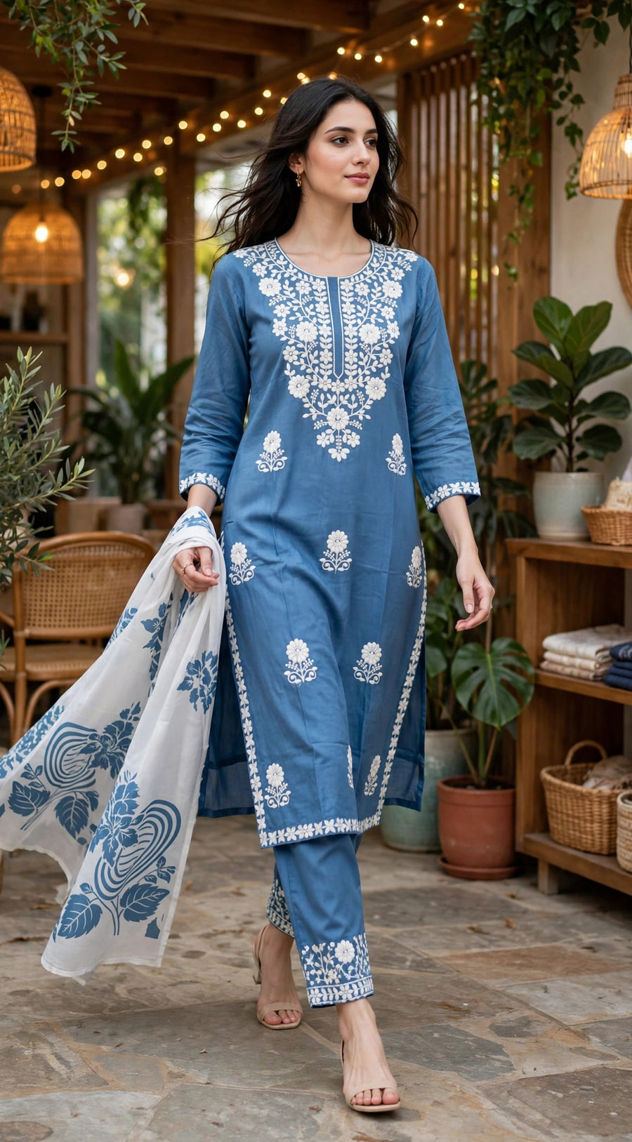 Sky Blue Thread Embroidered Suit Set with Printed Dupatta (Set of 3)