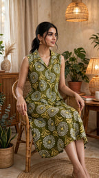 Olive Green Floral Print Rayon Cotton Midi Dress – Sleeveless A-Line Dress with Lapel Collar