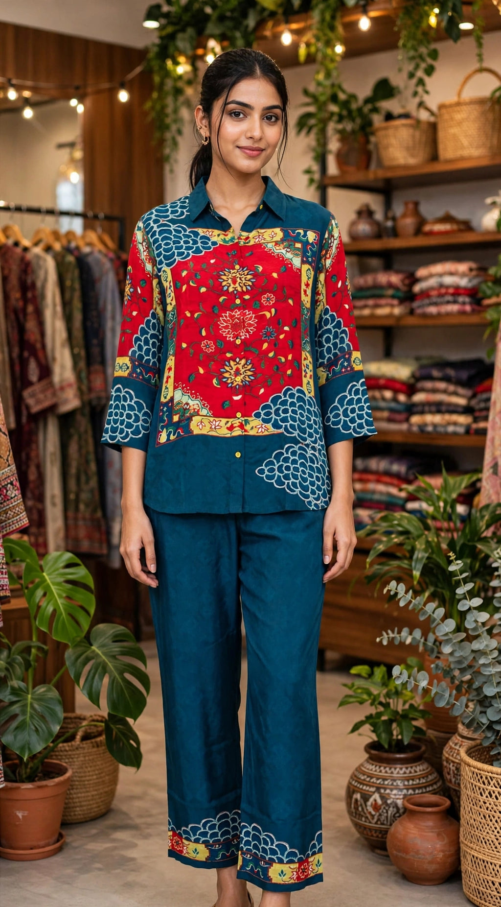 Teal Blue & Red Printed Pure Crepe Co-ord Set – Shirt-Style Top with Straight Pants (Set of 2)