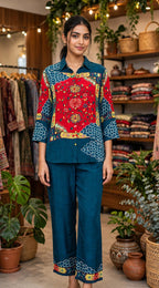 Teal Blue & Red Printed Pure Crepe Co-ord Set – Shirt-Style Top with Straight Pants (Set of 2)