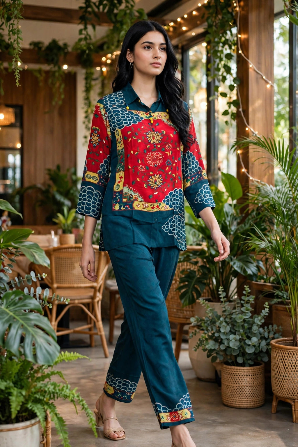 Teal Blue & Red Printed Pure Crepe Co-ord Set – Shirt-Style Top with Straight Pants (Set of 2)