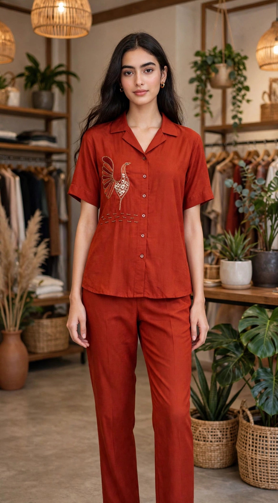 Rust Embroidered Co-ord Set – Shirt with Bird Motif Detailing and Straight Fit Pants (Set of 2)